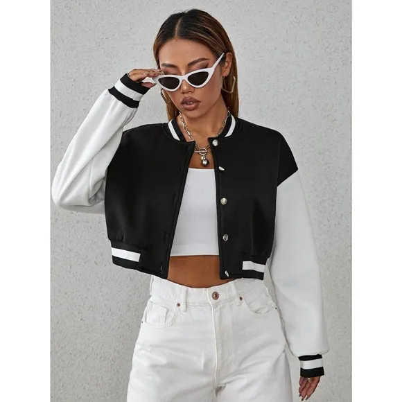 Drop Shoulder Two Tone Crop Bomber Jacket preppy black white