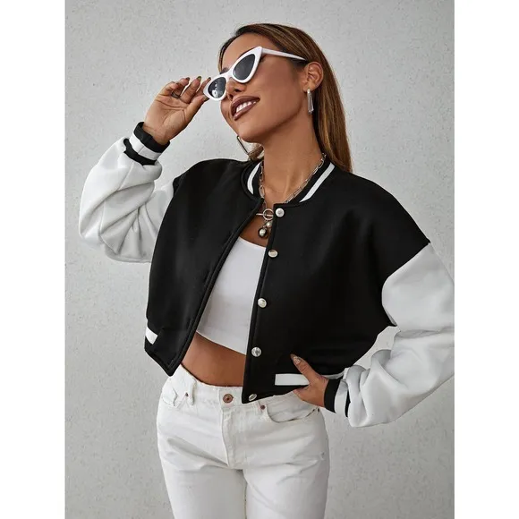 Drop Shoulder Two Tone Crop Bomber Jacket preppy black white