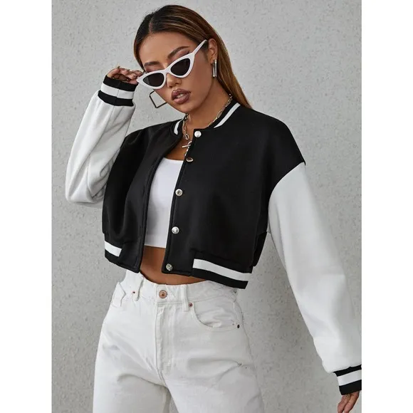 Drop Shoulder Two Tone Crop Bomber Jacket preppy black white