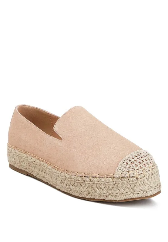 Ellerie Soft Suede Flatform Espadrilles - Woven Toe Cap, Beige & Blush