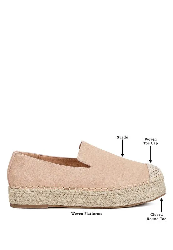 Ellerie Soft Suede Flatform Espadrilles - Woven Toe Cap, Beige & Blush