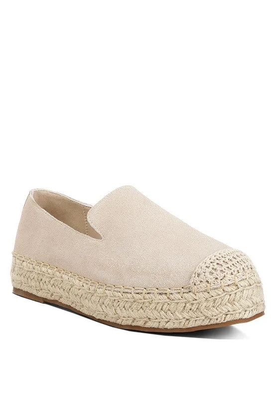 Ellerie Soft Suede Flatform Espadrilles - Woven Toe Cap, Beige & Blush