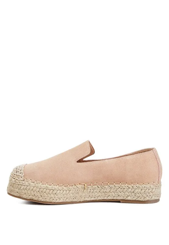 Ellerie Soft Suede Flatform Espadrilles - Woven Toe Cap, Beige & Blush