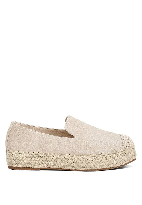Ellerie Soft Suede Flatform Espadrilles - Woven Toe Cap, Beige & Blush
