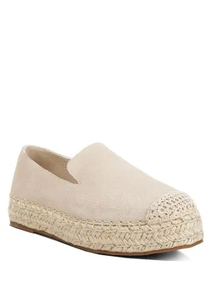 Ellerie Soft Suede Flatform Espadrilles - Woven Toe Cap, Beige & Blush