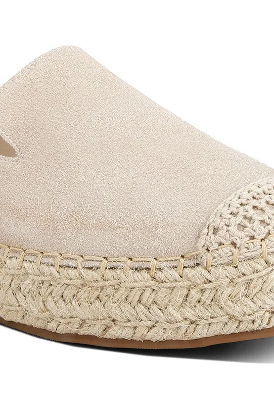 Ellerie Soft Suede Flatform Espadrilles - Woven Toe Cap, Beige & Blush