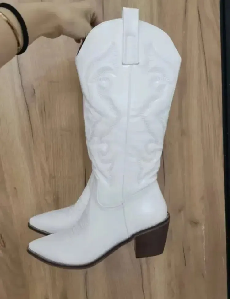 Embroidered Mid Calf Cowboy Boots