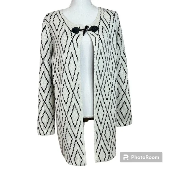 Escio Anthropologie White Black Diamond Business Casual Knit Statement Cardigan