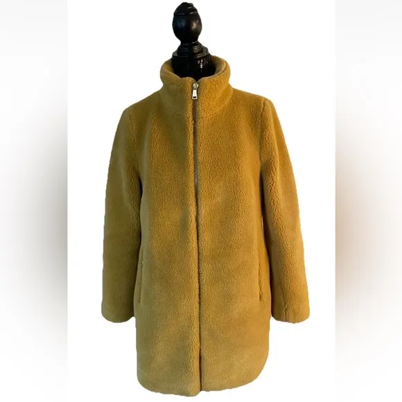 EUC Ann Taylor LOFT Gold Faux Fur Teddy Sherpa Coat🧥Women’s Size Small