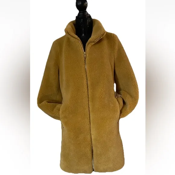 EUC Ann Taylor LOFT Gold Faux Fur Teddy Sherpa Coat🧥Women’s Size Small