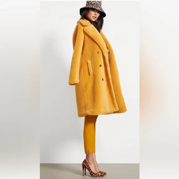 EUC Ann Taylor LOFT Gold Faux Fur Teddy Sherpa Coat🧥Women’s Size Small