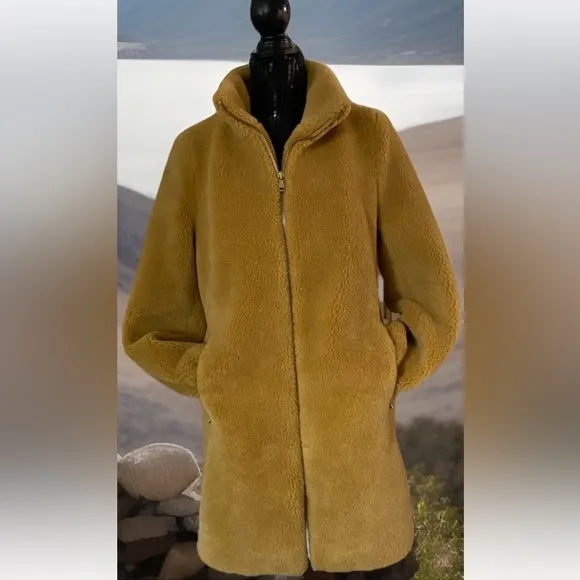 EUC Ann Taylor LOFT Gold Faux Fur Teddy Sherpa Coat🧥Women’s Size Small
