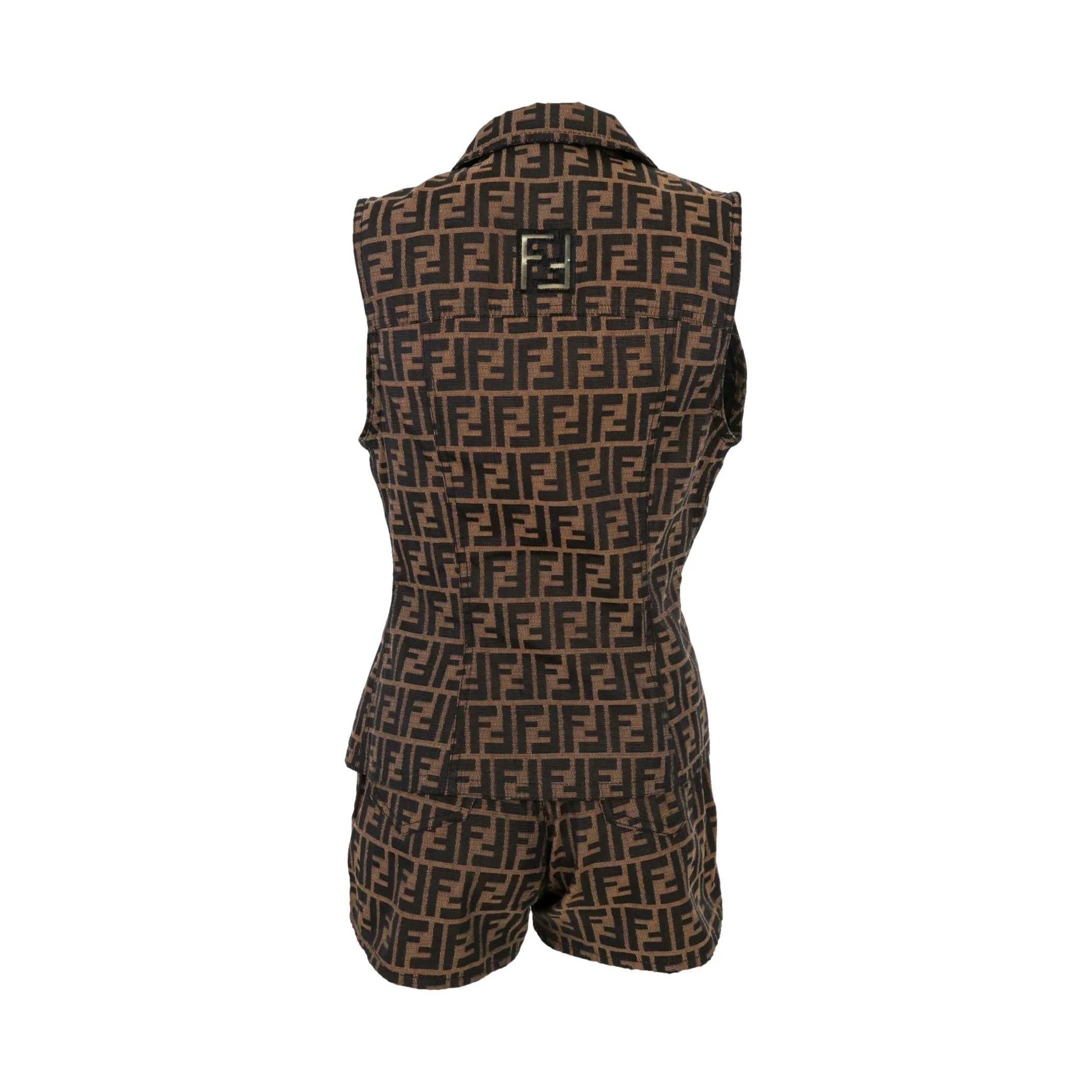 Fendi Brown Logo Button Up Collared Short Set