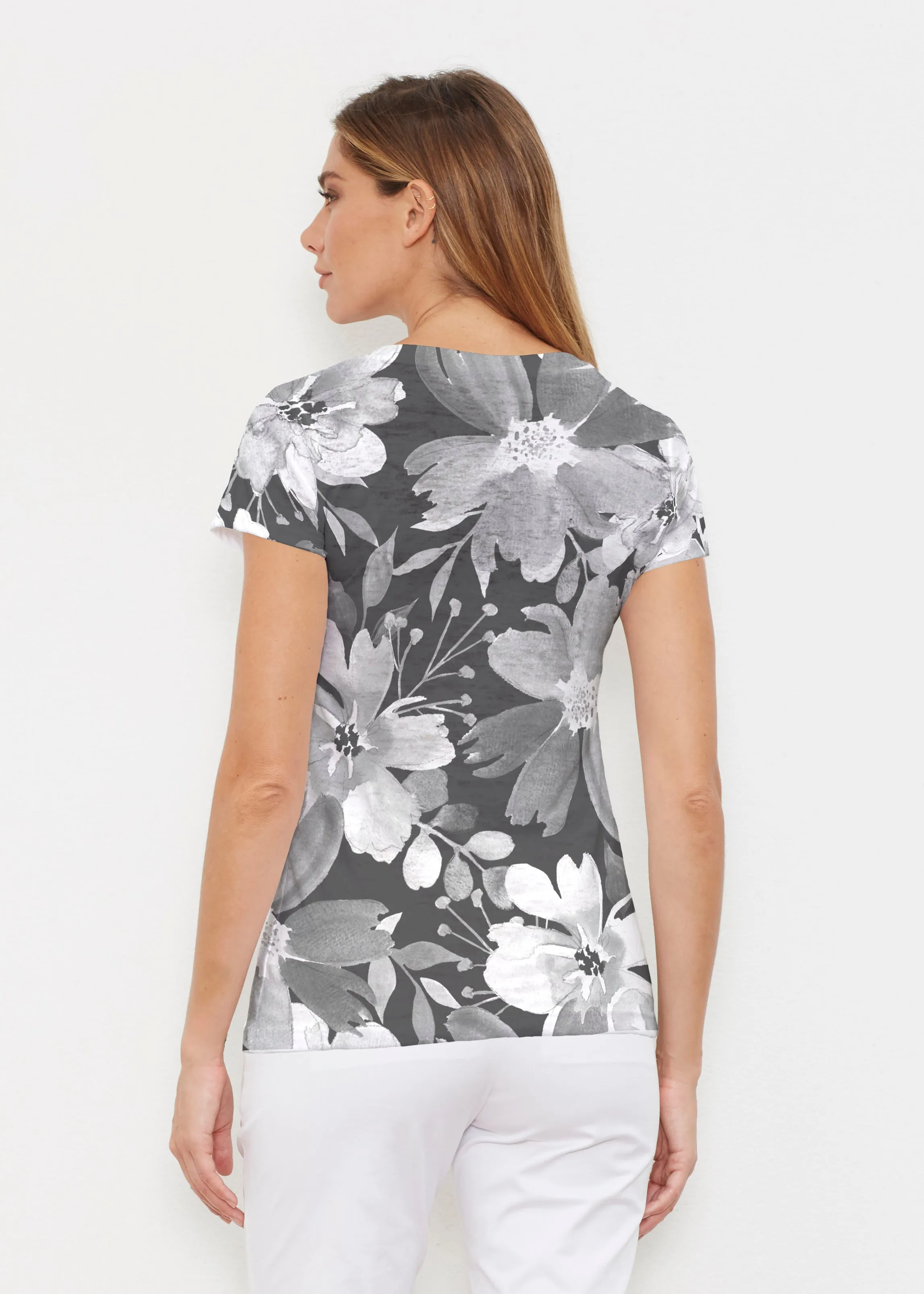 Festive Bloom Black (8174) ~ Signature Cap Sleeve V-Neck Shirt