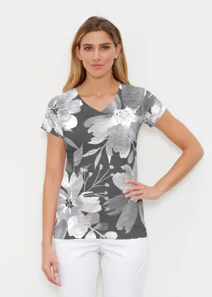 Festive Bloom Black (8174) ~ Signature Cap Sleeve V-Neck Shirt