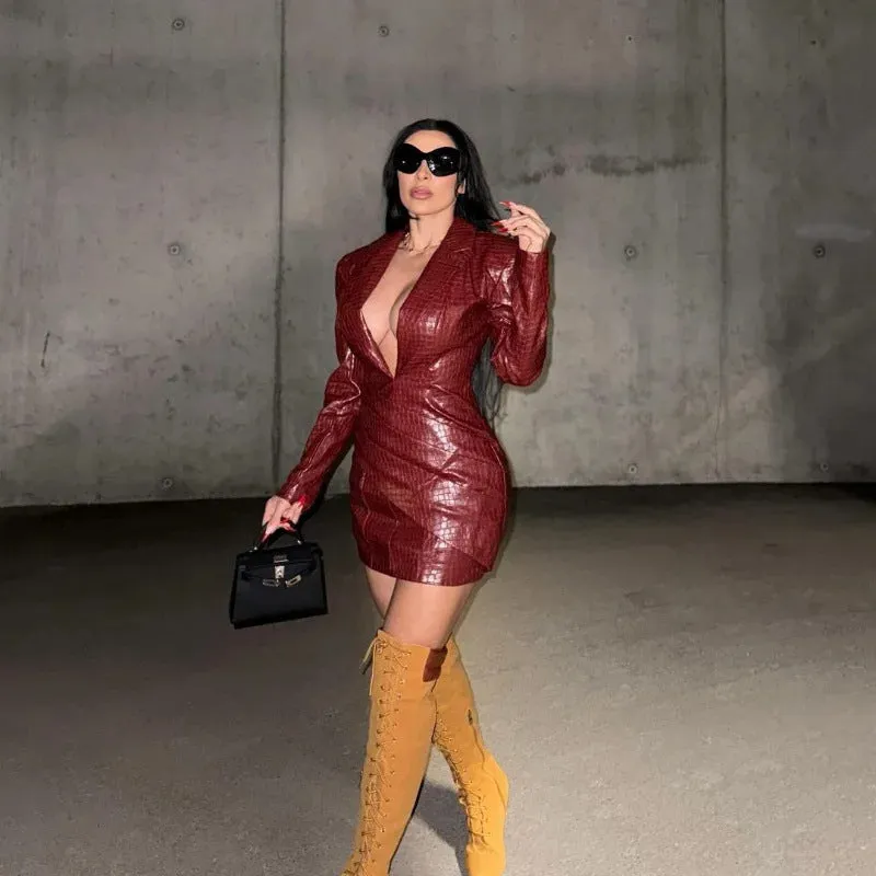 Fierce Faux Leather Deep V-Neck Bodycon Dress with Bold Statement
