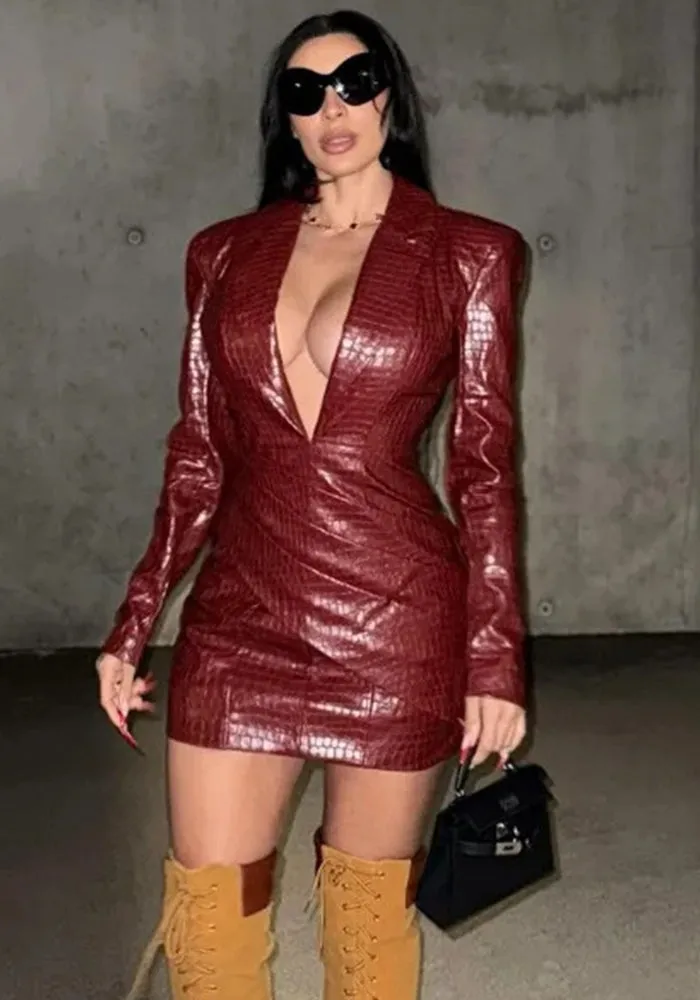 Fierce Faux Leather Deep V-Neck Bodycon Dress with Bold Statement
