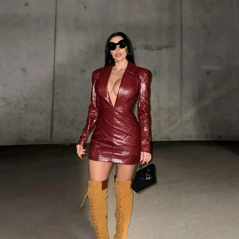 Fierce Faux Leather Deep V-Neck Bodycon Dress with Bold Statement