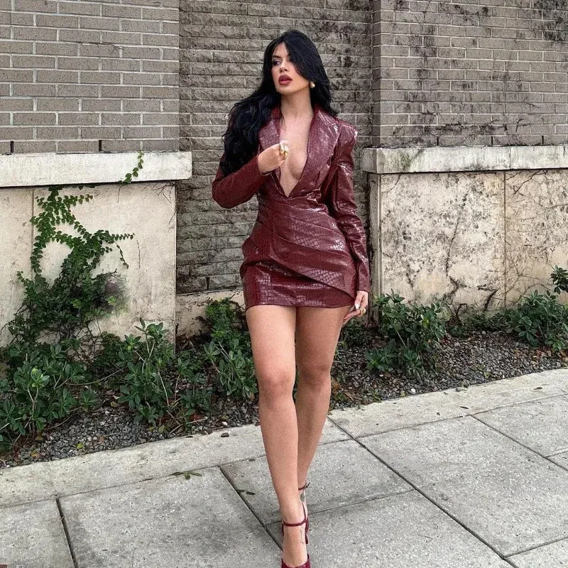 Fierce Faux Leather Deep V-Neck Bodycon Dress with Bold Statement