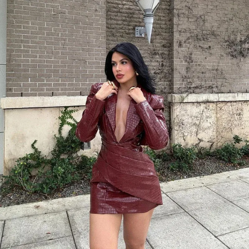 Fierce Faux Leather Deep V-Neck Bodycon Dress with Bold Statement