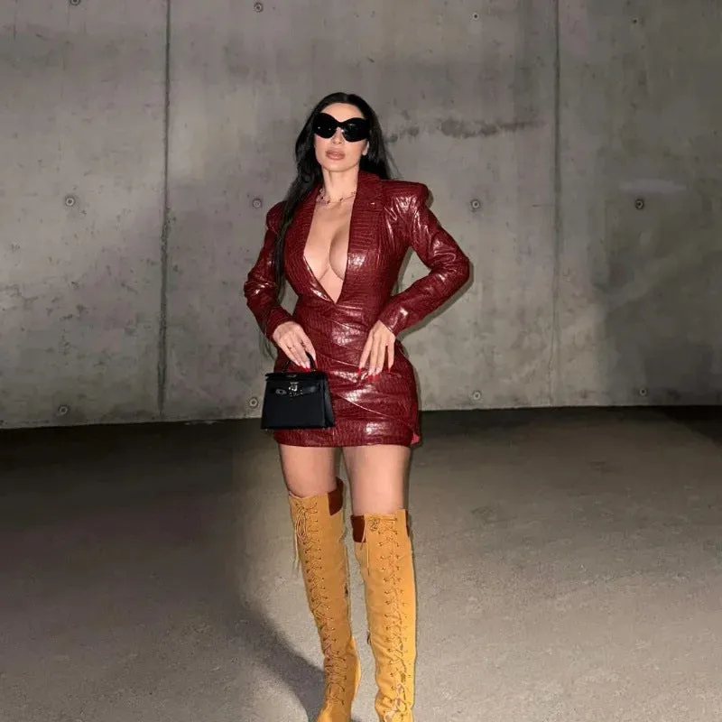 Fierce Faux Leather Deep V-Neck Bodycon Dress with Bold Statement