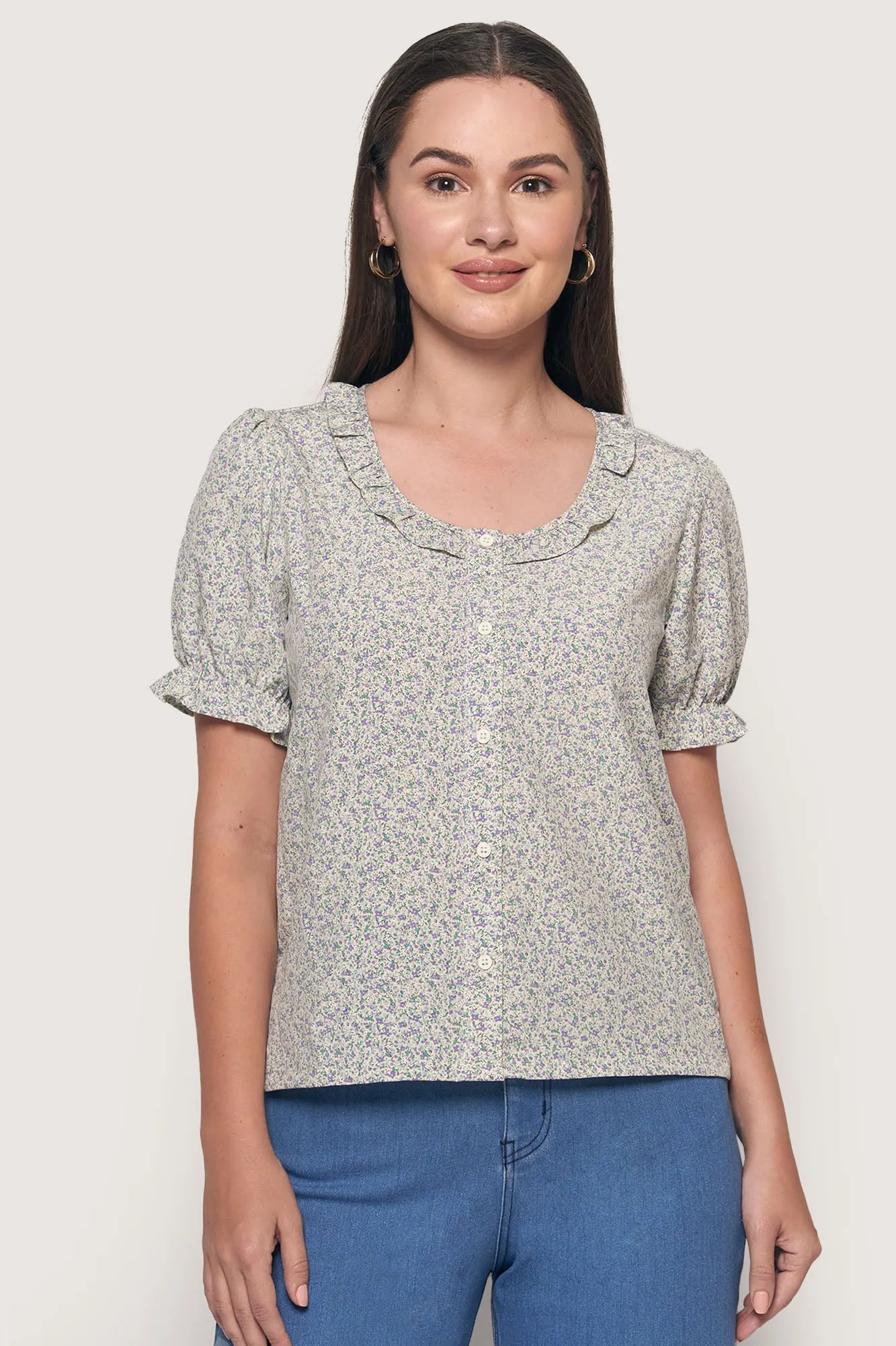 Floral Shirred Button Down Top