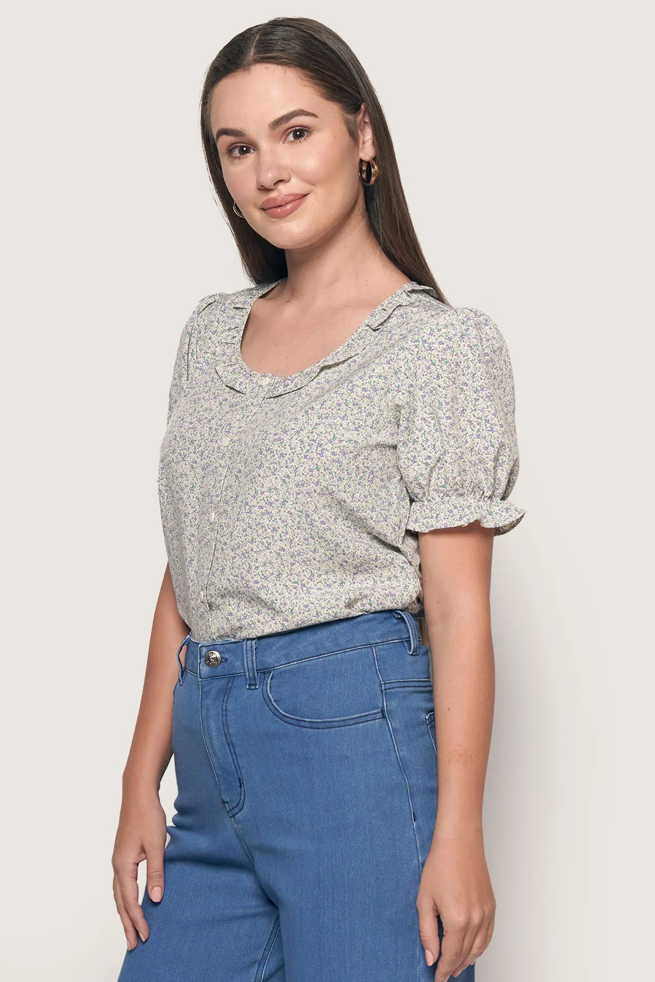 Floral Shirred Button Down Top