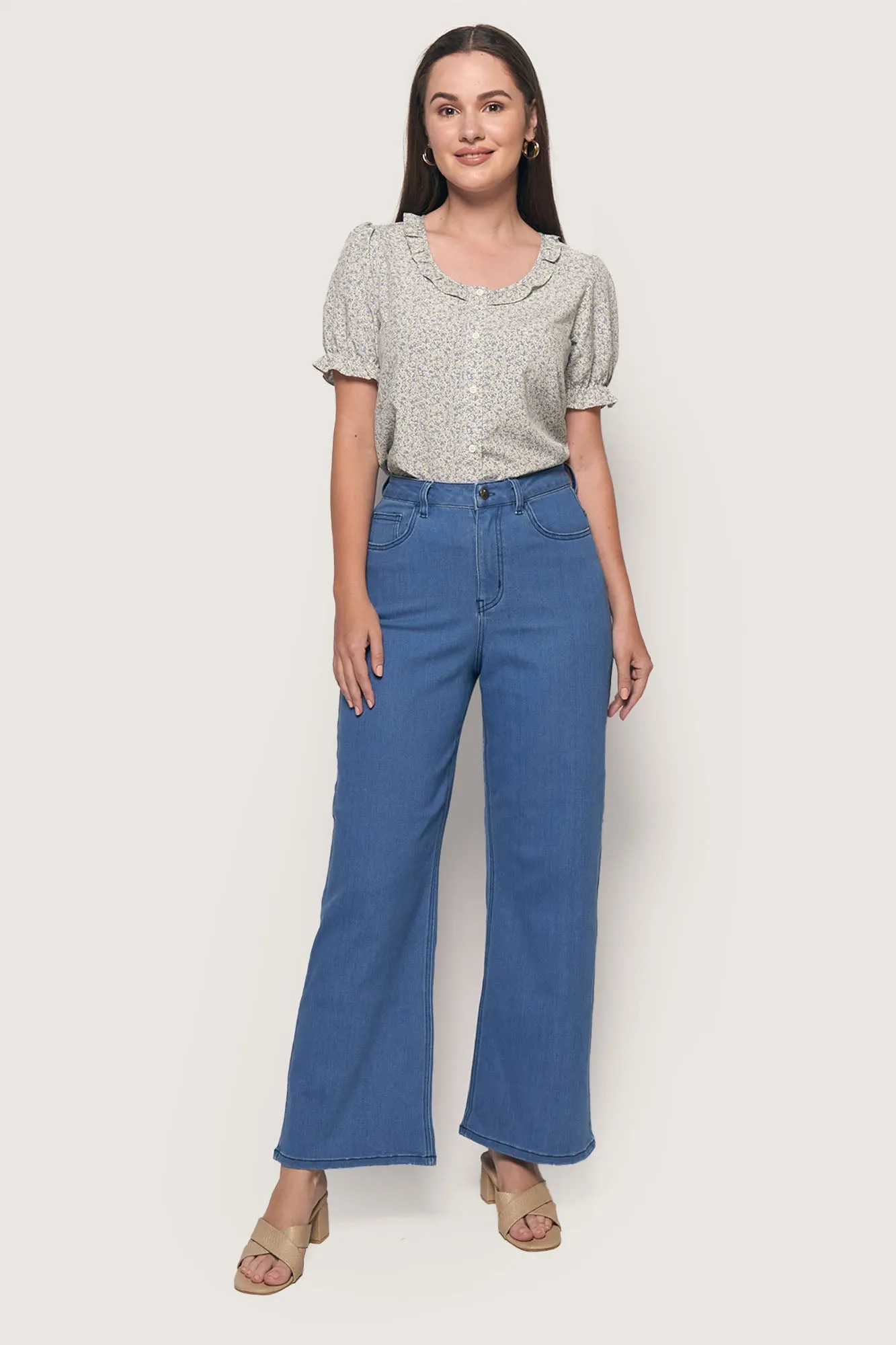 Floral Shirred Button Down Top