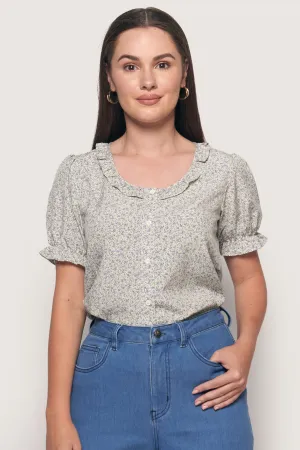 Floral Shirred Button Down Top