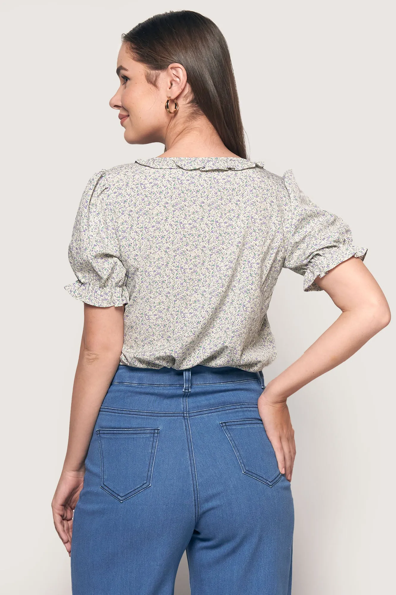 Floral Shirred Button Down Top