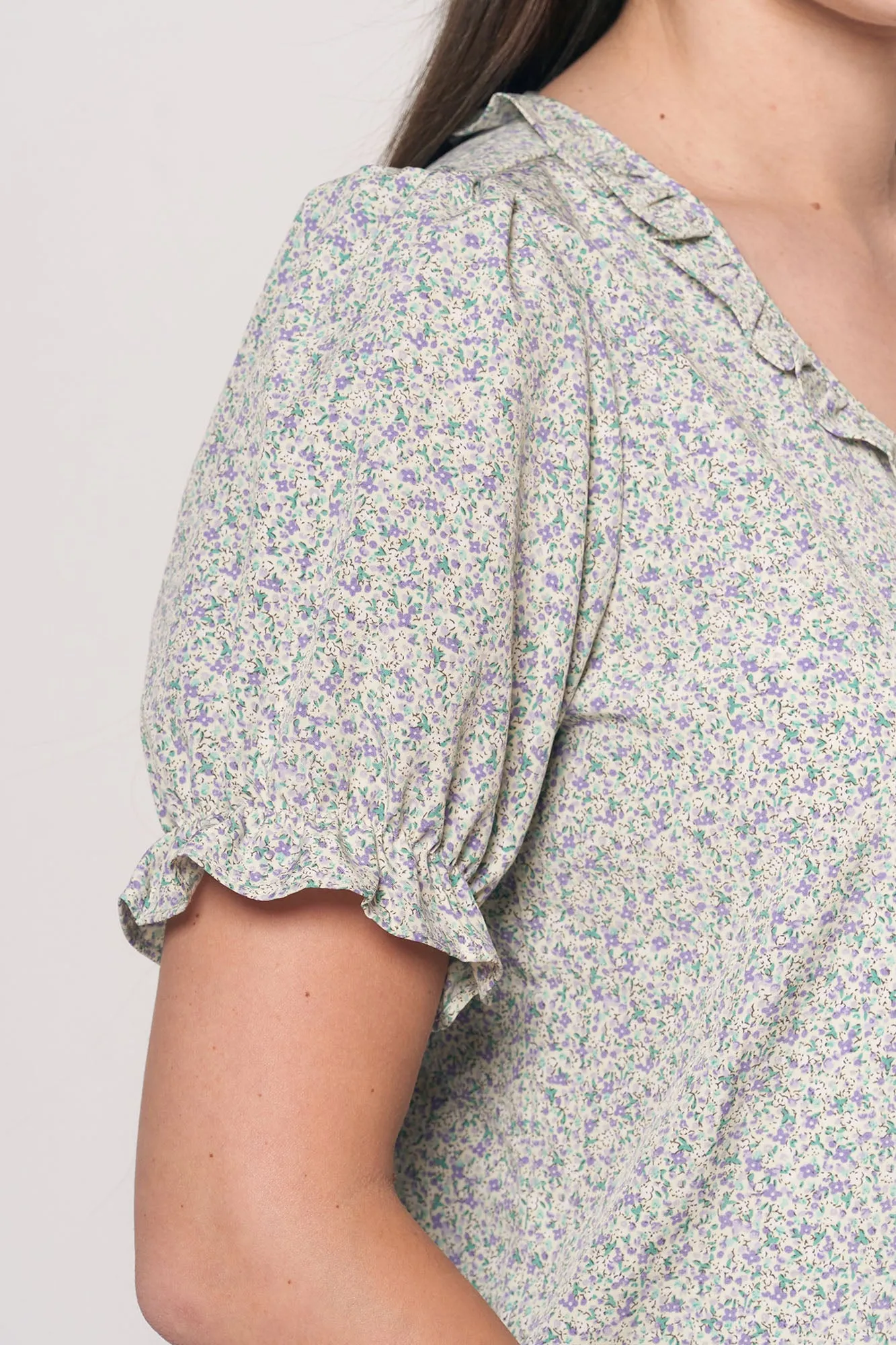 Floral Shirred Button Down Top