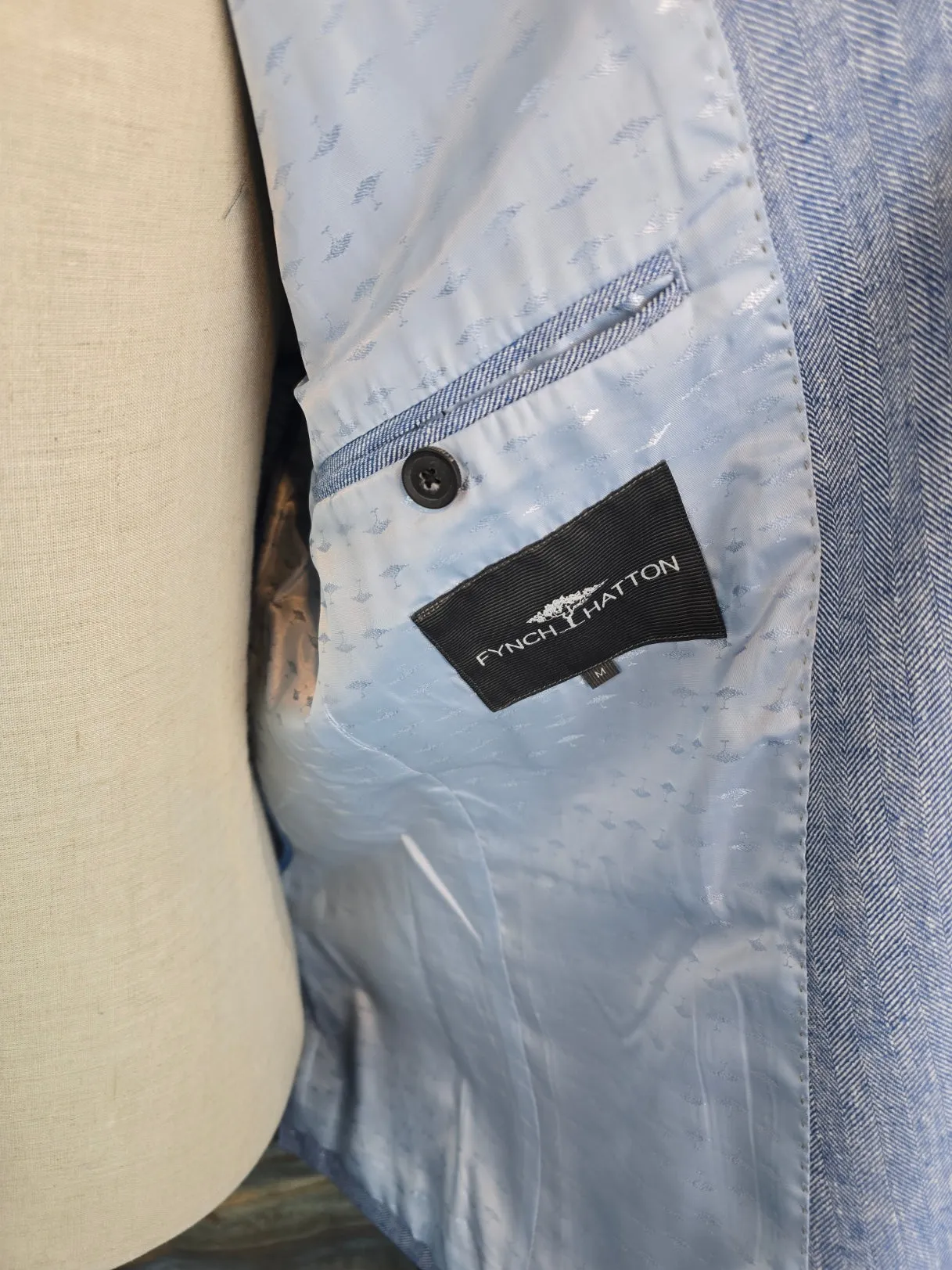 FYNCH-HATTON Light Blue Linen Blend Herringbone Jacket