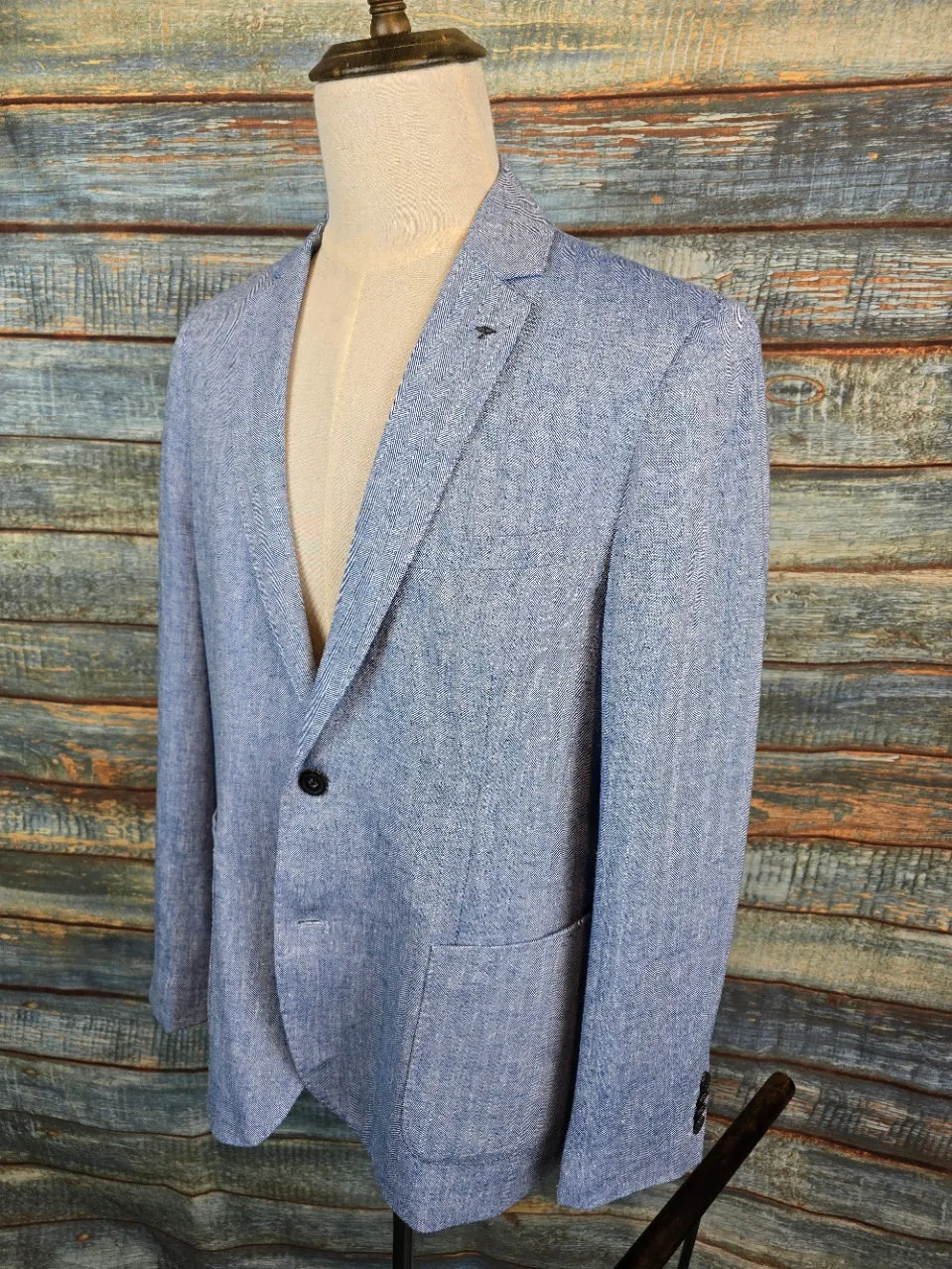 FYNCH-HATTON Light Blue Linen Blend Herringbone Jacket