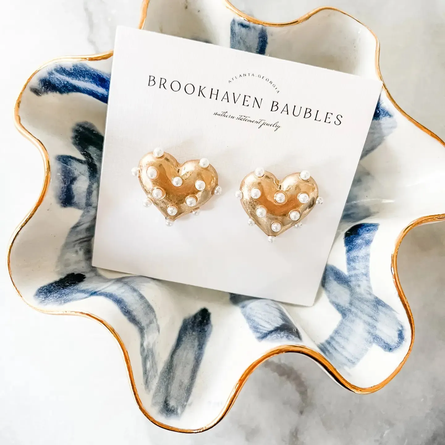 Gold Pearl Heart Statement Studs