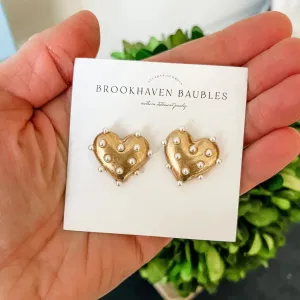 Gold Pearl Heart Statement Studs