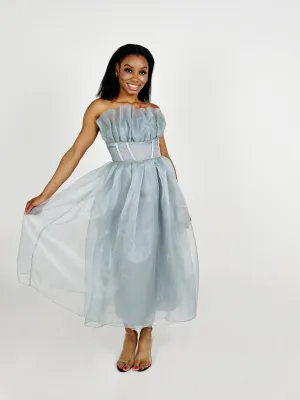 Grey Strapless Organza Midi Dress