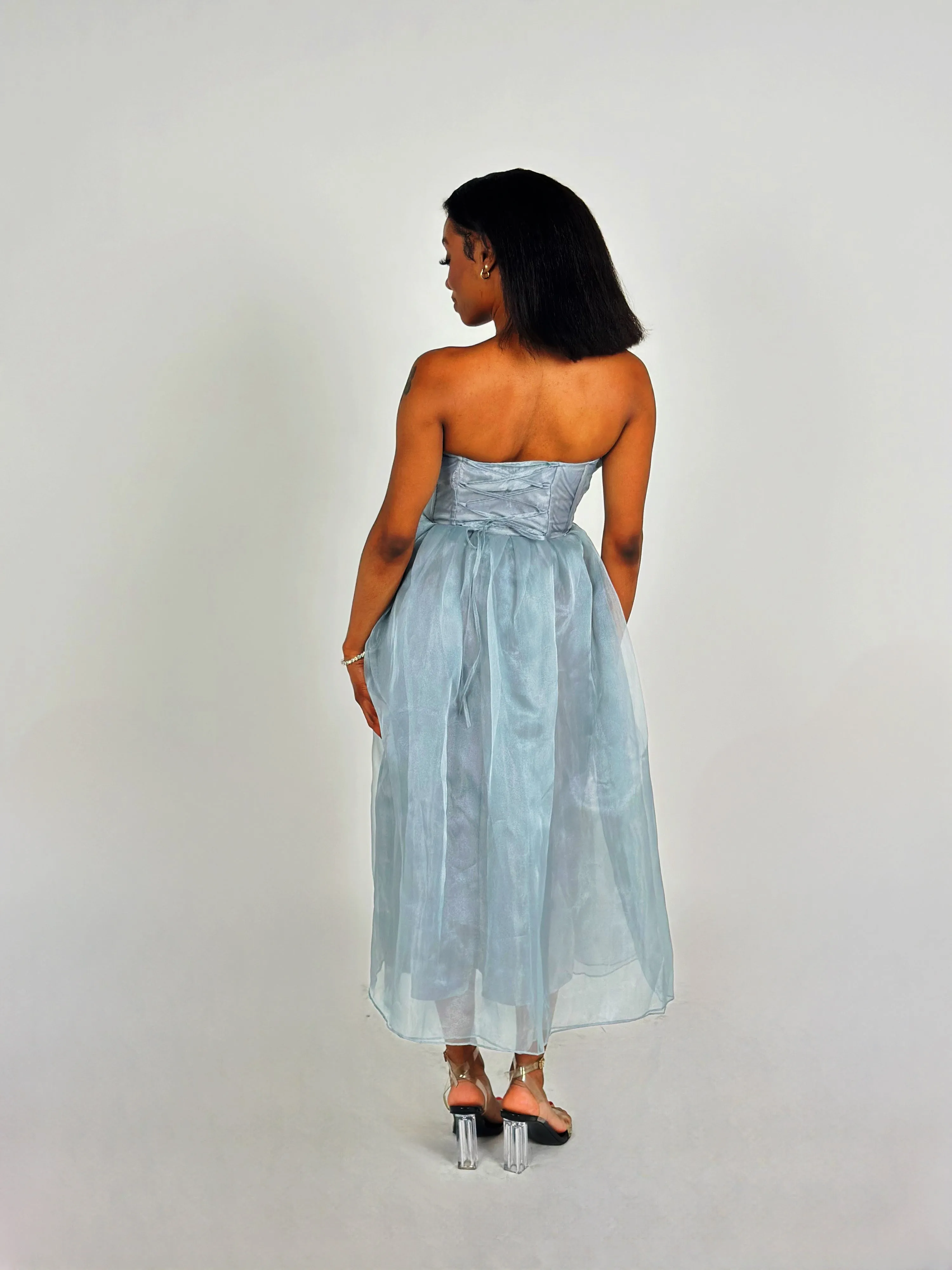 Grey Strapless Organza Midi Dress