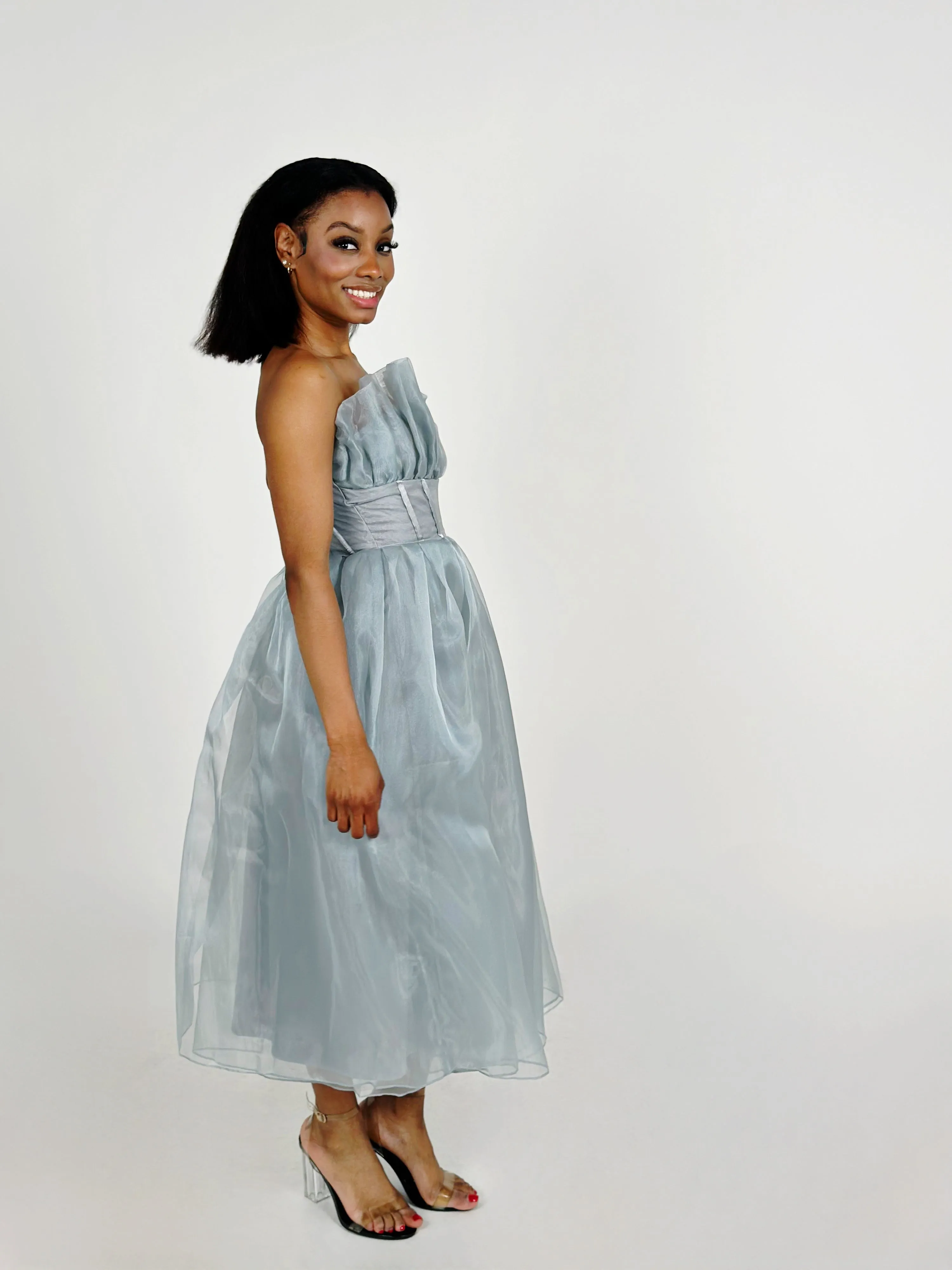 Grey Strapless Organza Midi Dress