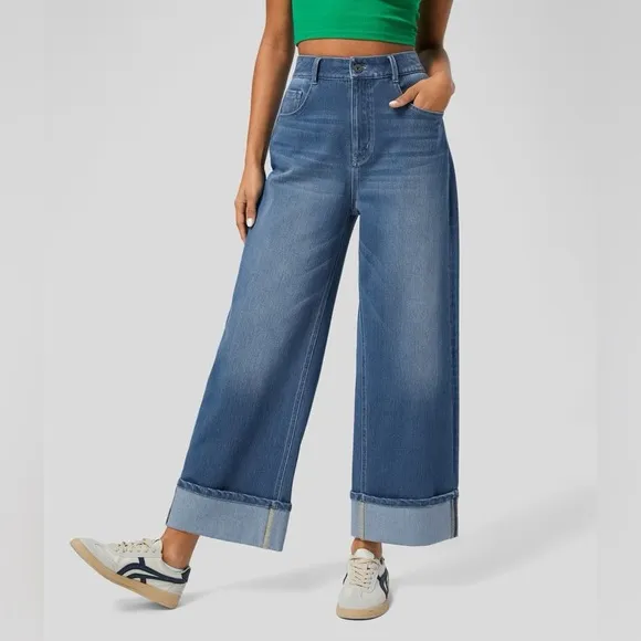 HALARA  Flex™ High Waisted Multiple Pockets Rolled Hem Wide Leg Casual Jeans