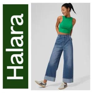 HALARA  Flex™ High Waisted Multiple Pockets Rolled Hem Wide Leg Casual Jeans