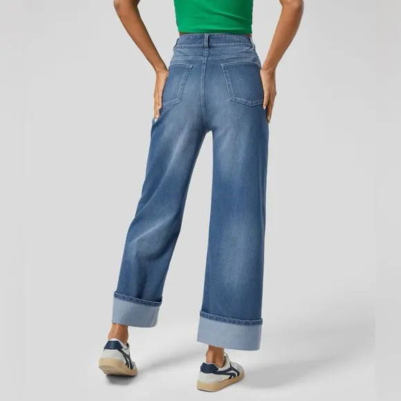 HALARA  Flex™ High Waisted Multiple Pockets Rolled Hem Wide Leg Casual Jeans