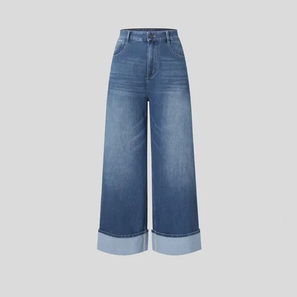 HALARA  Flex™ High Waisted Multiple Pockets Rolled Hem Wide Leg Casual Jeans