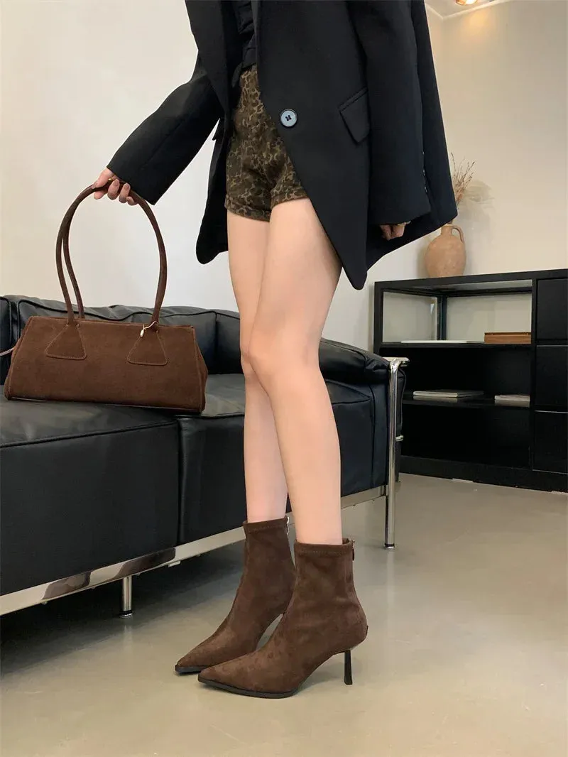 Handmade Leopard Print Pointed Toe Women’s Ankle Boots with Zipper and Thin High Heels