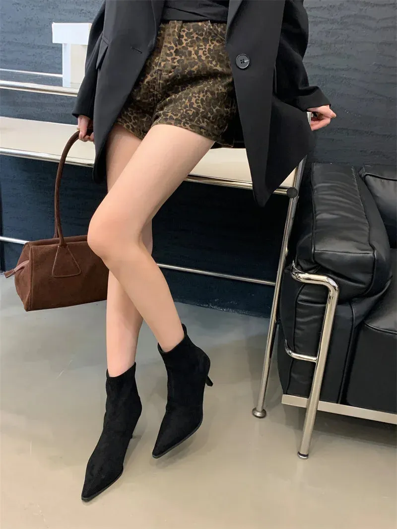 Handmade Leopard Print Pointed Toe Women’s Ankle Boots with Zipper and Thin High Heels
