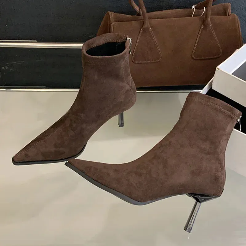 Handmade Leopard Print Pointed Toe Women’s Ankle Boots with Zipper and Thin High Heels