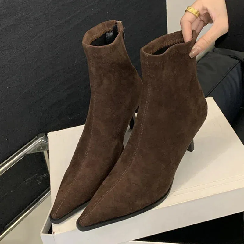 Handmade Leopard Print Pointed Toe Women’s Ankle Boots with Zipper and Thin High Heels