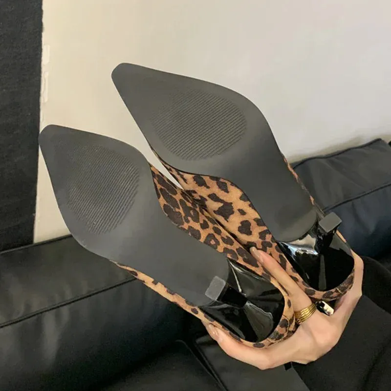 Handmade Leopard Print Pointed Toe Women’s Ankle Boots with Zipper and Thin High Heels