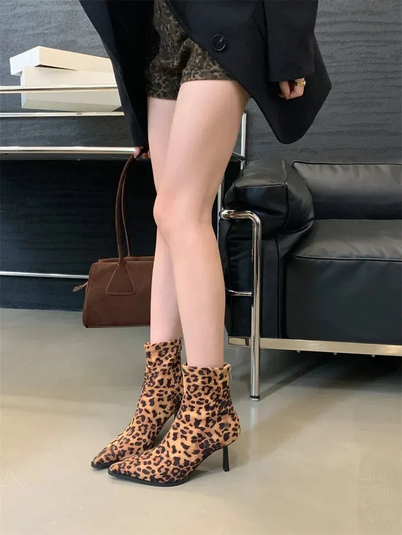 Handmade Leopard Print Pointed Toe Women’s Ankle Boots with Zipper and Thin High Heels