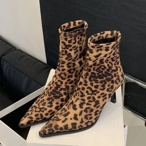 Handmade Leopard Print Pointed Toe Women’s Ankle Boots with Zipper and Thin High Heels