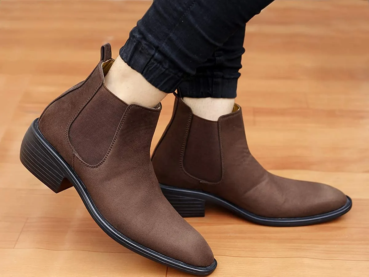 Height Increasing Suede Material Brown Casual Chelsea Boots For Men-Unique and Classy